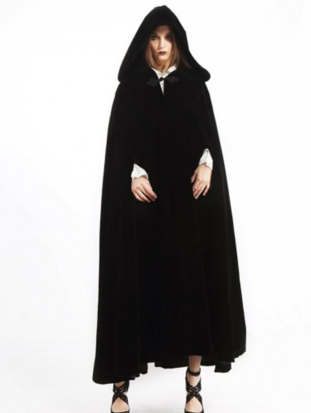 Long Black Gothic Velvet Cape halloween cosplay dressup witchy dark one size - Picture 2 of 11